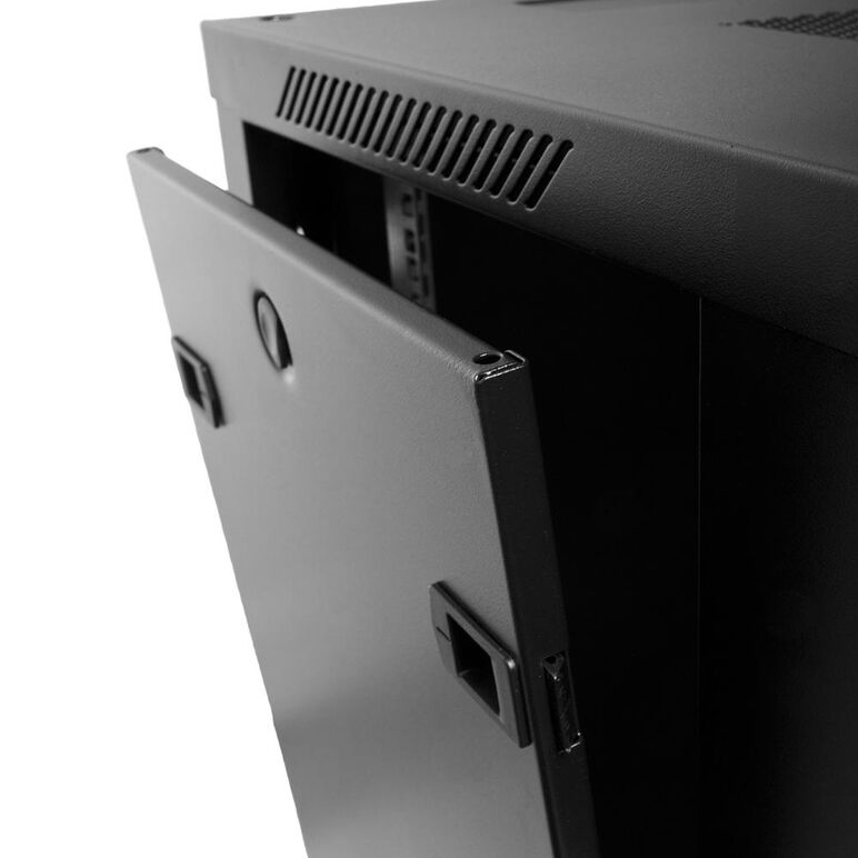 Cabinet 19″ spacer 12u 600x450mm, fixare pe perete, flatpack (dezasamblat), black, usa sticla cu blocare, panouri detasabile, otel 1.5mm, sarcina maxima 60kg,  Cabinete metalice | electropc.ro