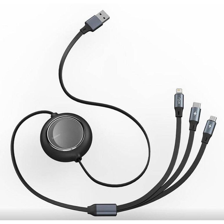 Cablu alimentare si date baseus bright mirror 2 one-for-three retractable, pt. smartphone, usb la micro-usb + lightning iphone + usb type-c 3.5a, 1.1m, negru,  Cabluri periferice | electropc.ro
