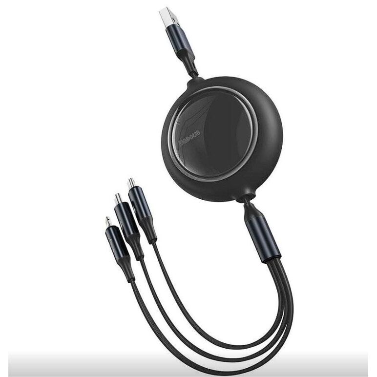 Cablu alimentare si date baseus bright mirror 2 one-for-three retractable, pt. smartphone, usb la micro-usb + lightning iphone + usb type-c 3.5a, 1.1m, negru,  Cabluri periferice | electropc.ro