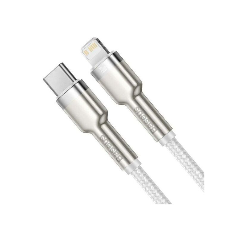 Cablu alimentare si date baseus cafule metal, fast charging data cable pt. smartphone, usb type-c la lightning iphone pd 20w, brodat, 1m, alb,  Cabluri periferice | electropc.ro