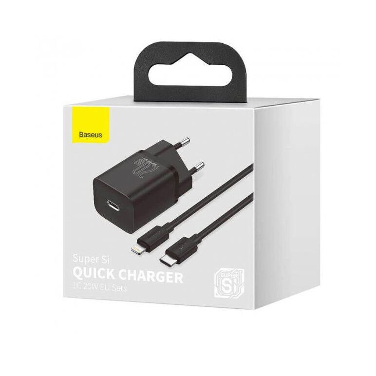 Incarcator retea baseus super si, quick charge 20w, 1 x usb type-c 5v/3a max, include cablu usb type-c la lightning iphone 1m, negru,  Incarcatoare telefoane | electropc.ro