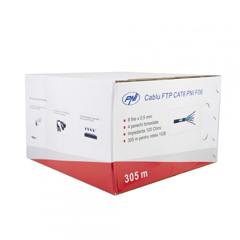 Cablu ftp cat6 pni f06 cu 4 perechi pentru internet 1 gigabit si sisteme de supraveghere rola 305m, cablu cu 8 fire x 0.5 mm - 4 perechi torsadate,  Accesorii | electropc.ro