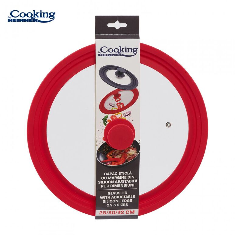 Capac sticla cu margine din silicon ajustabila pe 3 dimensiuni 28/30/32 cm, cooking by heinner,  Oale si cratite | electropc.ro