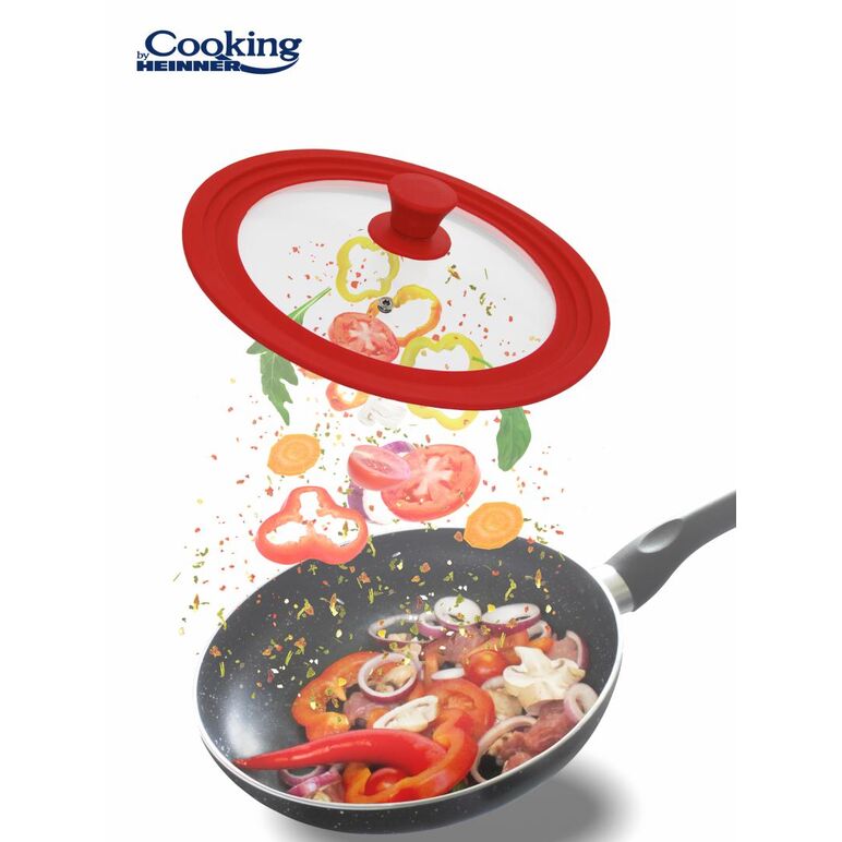 Capac sticla cu margine din silicon ajustabila pe 3 dimensiuni 28/30/32 cm, rosu, cooking by heinner,  Oale si cratite | electropc.ro