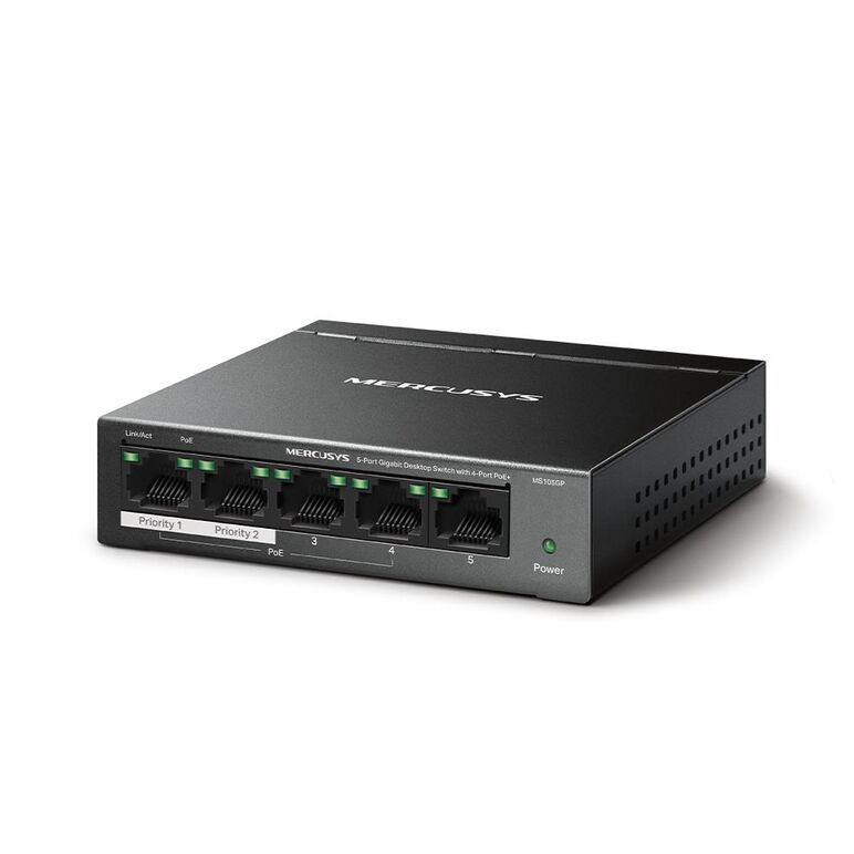 Mercusys desktop switch 5port ms105gp poe, interfata: 5 x 5× 10/100/1000 mbps rj45 ports, 4 x poe, poe power budget: 65 w, standarde si protocoale: ieee 802.3x flow control, dimensiuni: 99.8*98*25mm,,  Switch-uri | electropc.ro