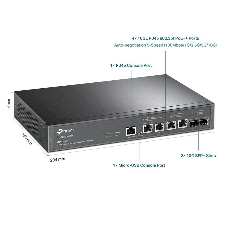Tp-link jetstream 6-port 10ge l2+ managed switch with 4-port poe++ tl- sx3206hpp, interfata: 4× 100/1000/2500/5000/10000 mbps, 2× 10g sfp+,1× rj45 console port, 1× micro-usb console port, 2 ventilatoare, power budget: 200 w, dimensiuni: 294× 180 × 44 mm, ,  Switch-uri | electropc.ro