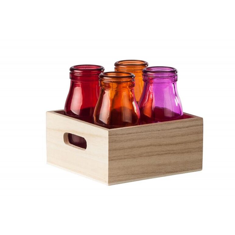 Set 4 sticle colorate + tava, 200ml, material sticla colorata, tava material lemn,  Accesorii bucatarie | electropc.ro