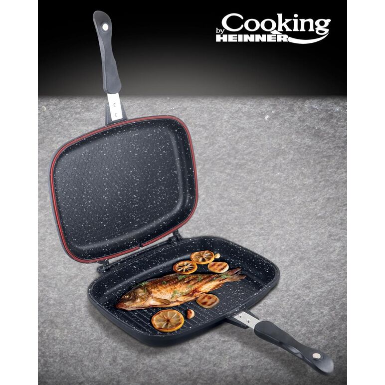 Tigaie dubla dreptunghiulara tip grill,aluminiu,32x24x7.5 cm,dark line inductie, cooking  by heinner,  Tigai si seturi | electropc.ro