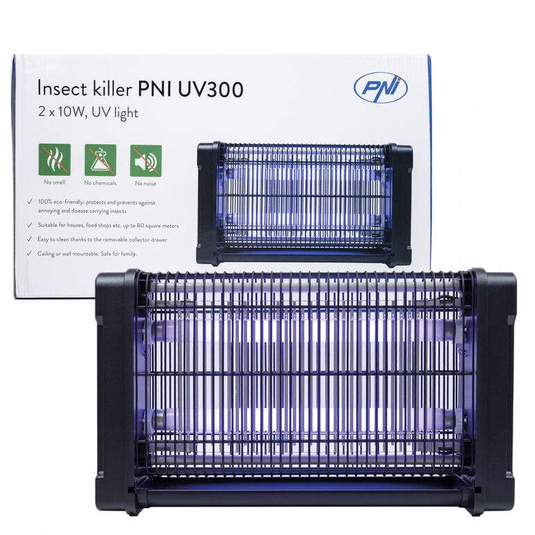 Aparat anti insecte pni uv300 anti tantari, anti muste, insectocutor cu 2 tuburi ultraviolete, 20w, interior si exterior, montaj pe podea sau tavan, dimensiuni: 440 x 260 x 85 mm, lungime cablu: 100cm, putere: 20w,  Accesorii decorative | electropc.ro