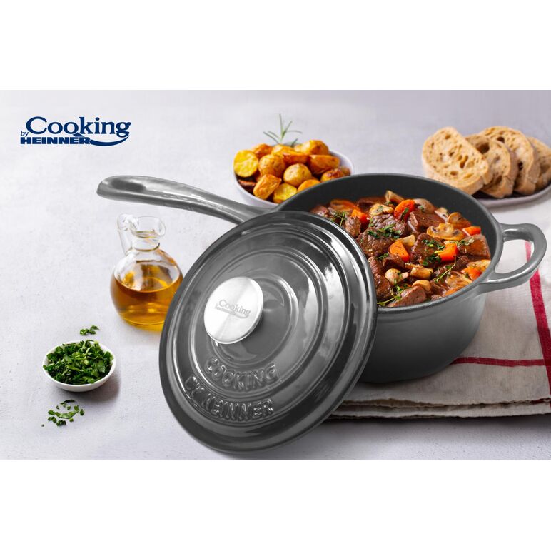 Caserola fonta emailata + capac 19 x 9 cm, 1.8 l, marble  grey, cooking by heinner,  Tigai si seturi | electropc.ro