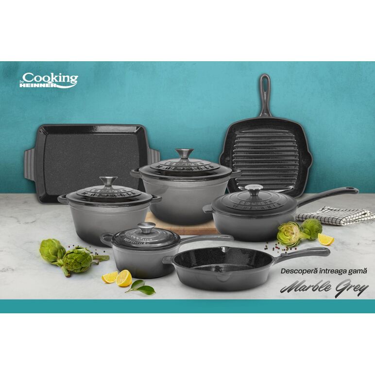 Tigaie grill fonta emailata  26.5 x 4.5 cm, marble grey, cooking by heinner,  Tigai si seturi | electropc.ro