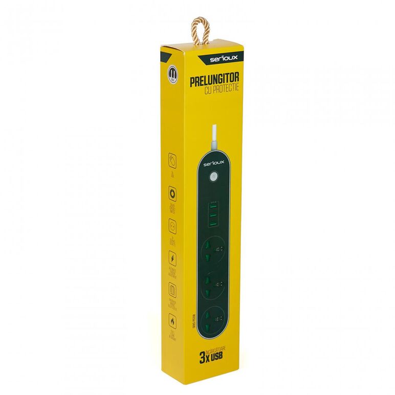 Prelungitor cu protectie serioux, 3 prize universale, input 100-240v,50- 60hz,output (total): 2500w - 10a, 3 porturi usb, usb output (total):3.1a, functie auto id, antistatic, buton power/off, lungime cablu 1.6m,negru, srxs-ps33b,  Prelungitoare | electropc.ro