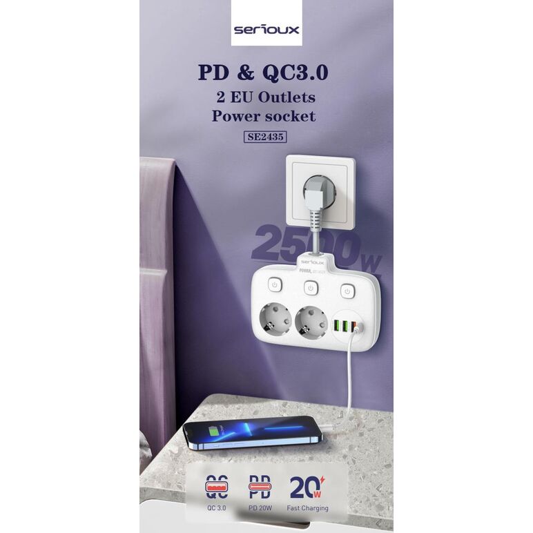 Prelungitor cu protectie serioux qc3.0. parametri nominali: 2500w-10a(max) 250v intrare: ac100-250v 10a 50/60hz ieșire pd: 5v=3a 9v=2.22a 12v=1.67a 20w (max) ieșire qc: 5v-3a 9v=2a 12v=1.5a 18w (max) ieșire auto-id: 5v-2.4a 12w (max) putere totală: 20w ma,  Prelungitoare | electropc.ro