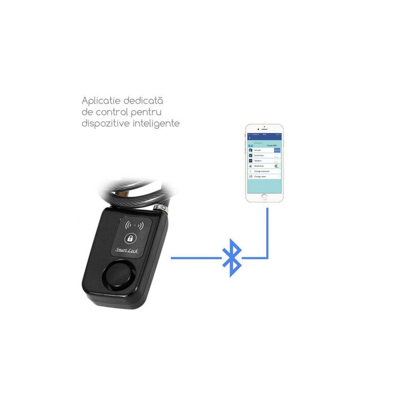 Antifurt smart bluetooth bl-01, dimensiune 92x55x34cm, cablu diametru 10mm, lungime cablu 1200mm, alarma 110db, baterii 3 x aaa (neincluse) negru,  Accesorii ciclism | electropc.ro