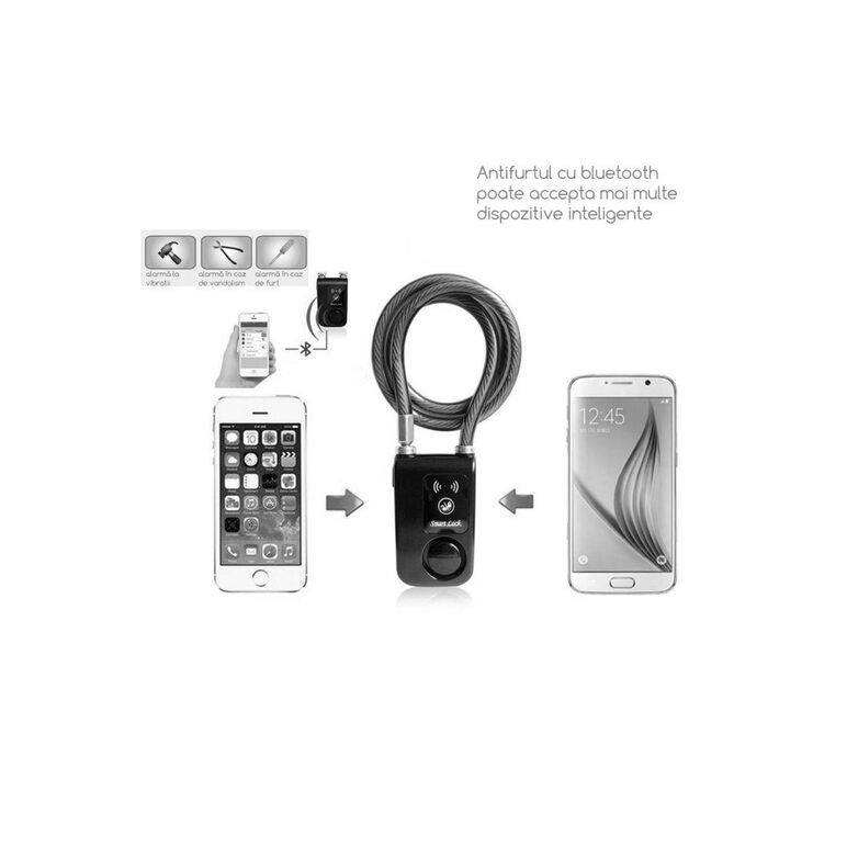 Antifurt smart bluetooth bl-01, dimensiune 92x55x34cm, cablu diametru 10mm, lungime cablu 1200mm, alarma 110db, baterii 3 x aaa (neincluse) negru,  Accesorii ciclism | electropc.ro