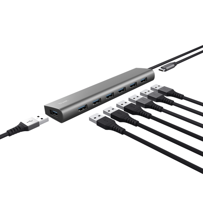 Hub trust halyx , 7 porturi usb 3.2 gen 1, material aluminiu, input usb- c, output usb-a 7, gri,  Hub-uri USB | electropc.ro