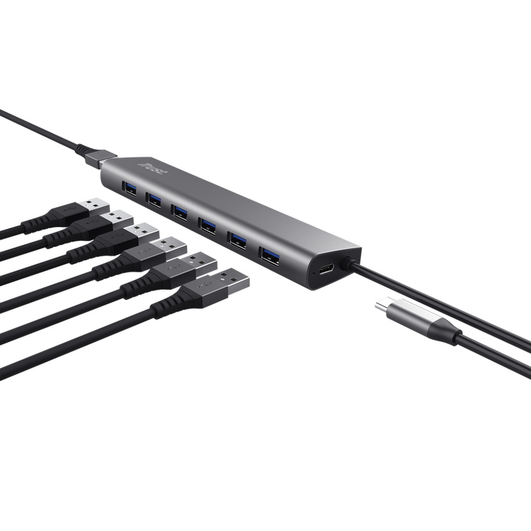 Hub trust halyx , 7 porturi usb 3.2 gen 1, material aluminiu, input usb- c, output usb-a 7, gri,  Hub-uri USB | electropc.ro