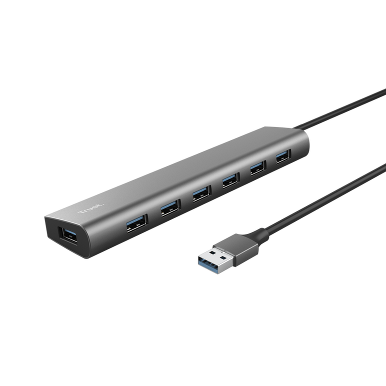 Hub trust halyx , 7 porturi usb 3.2 gen 1, material aluminiu, input usb- c, output usb-a 7, gri,  Hub-uri USB | electropc.ro