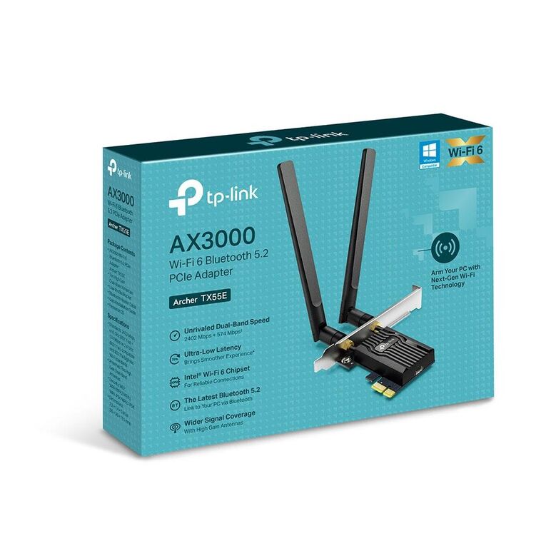 Tp-link adaptor pcle wi-fi 6 ax3000 wi-fi 6 cu bluetooth 5.2 archer tx55e, 2× antene dual-band high-gain, standarde wireless: ieee 802.11ax/ac/n/a 5 ghz ieee 802.11ax/n/g/b 2.4 ghz, bluetooth 5.2/5.0/4.2/4.0, viteza wireless: 5 ghz-up to 2402 mbps, 2.4ghz,  Routere Wireless | electropc.ro