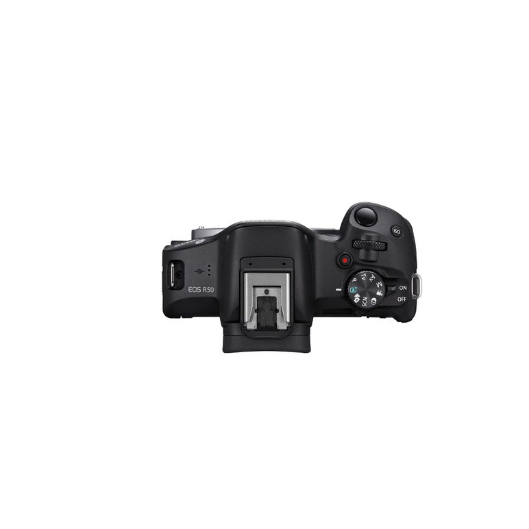 Aparat foto canon eos r50 black kit + obiectiv rf-s18-45mm f4.5-6.3 is stm, mirrorless, 24.2 megapixeli, procesor digic x, montura rf, senzor aps-c 22.3 x 14.9mm, aspect 3:2, focalizare: dual pixel cmos af ii,  100 % pe orizontală şi 100 % pe verticală (s,  Aparate foto Mirrorless | electropc.ro