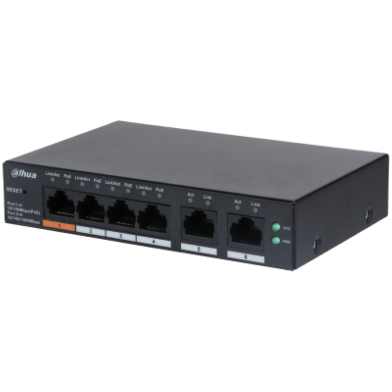 Dahua 6 port managed desktop switch, cs4006-4et-60, interfata: port 1-4: 4 × rj-45 10/100 mbps (poe); port 5-6: 2 × rj-45 10/100/1000 mbps (uplink), managd, layer 2, switching capacity: 4.8 gbps, packet forwarding rate, 3.57 mpps, standarde retea: ieee802,  Switch-uri | electropc.ro