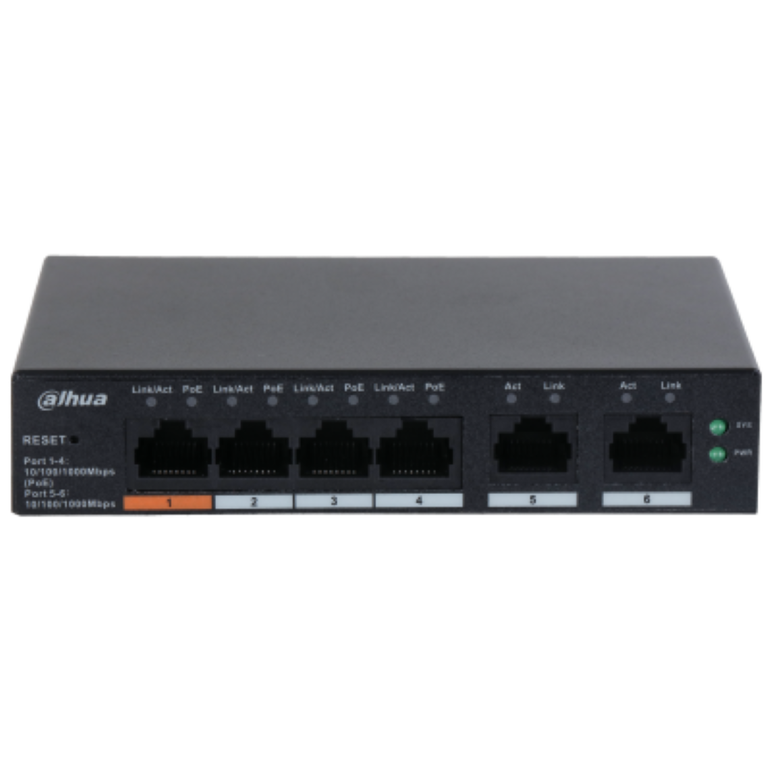 Dahua desktop switch, 6 porturi gigabit, 4 porturi poe, cs4006-4gt-60, port 1-4: 4 × rj-45 10/100/1000 mbps (poe),  port 5-6: 2 × rj-45 10/100/1000 mbps (uplink), cloud managed, layer 2, switching capacity: 12gbps, packet forwarding rate: 8.93 mpps, stand,  Switch-uri | electropc.ro