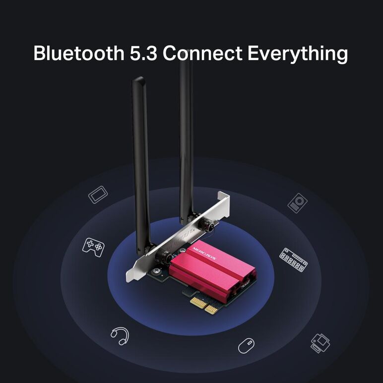 Mercusys adaptor tri-band, wi-fi, bluetooth 5.2 pci-e ma86xe, standarde wireless: ieee 802.11 a/ac/ax 5 ghz, ieee 802.11 b/g/n/ax 2.4 ghz, viteza wirelss: 6ghz: 2402mbps, 5ghz: 2402mbps, 2.4ghz: 574mbps, dimensiuni: 226.3 × 120.8 × 21.5 mm, 2 antene fixe.,  Access point & Range Ext. | electropc.ro
