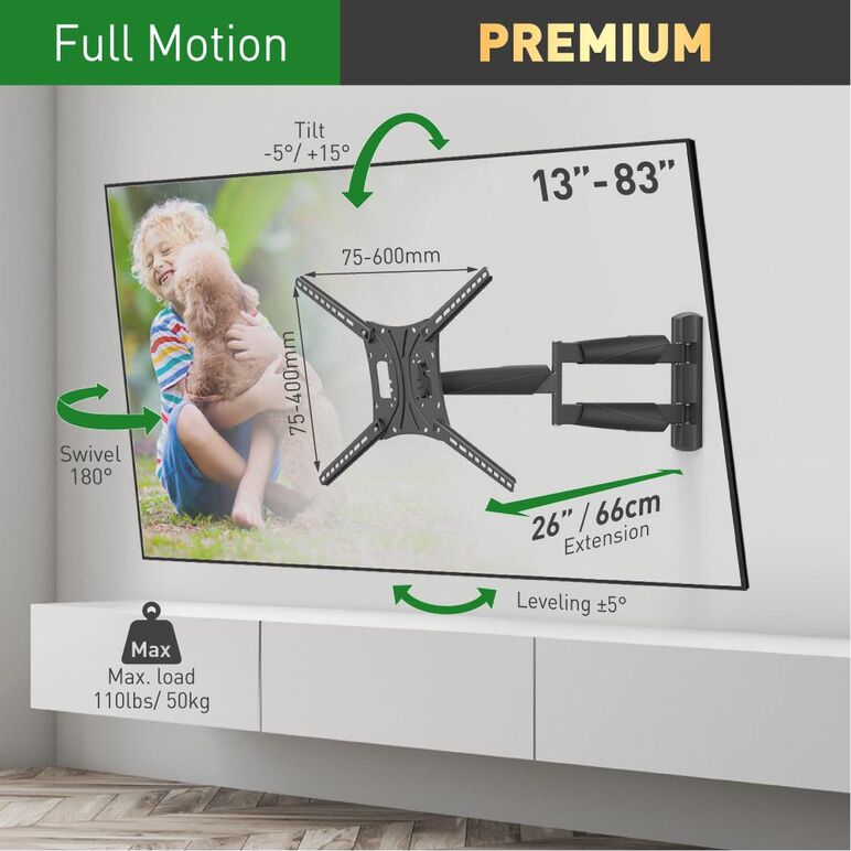 Suport tv plat/curbat de perete cu 2 brate barkan bm443lp, 13"- 83", max 50kg, vesa 600x400, negru,  Suporturi TV & Monitor | electropc.ro