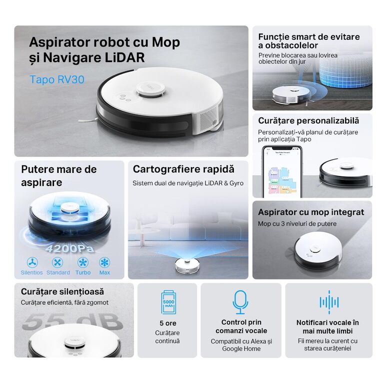 Tp link aspirator robot cu mop și navigare lidar tapo rv30, capacitate acumulator: 5000 mah, reincarcare si reluare, lidar + gyroscope, harta virtuala, inaltime de trecere: 20 mm, putere aspiratie: 4200pa, 4 niveluri, capacitatea recipientului de colectar,  Aspiratoare | electropc.ro