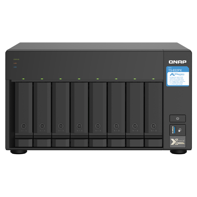 Nas qnap 832px 8-bay, cpu annapurna labs alpine al324 1.7ghz quad core, ram 4gb ddr4 sodimm (max. 16gb), 2.5"/3.5" sata 6gbps hdd (neincluse), lan: 2x2.5gbe 2x10gbe sfp+, placa aditionala pcie 2 porturi 2.5gbe, usb3.2 gen2: 2 usb3.2 gen1: 3, tower, single,  NAS | electropc.ro