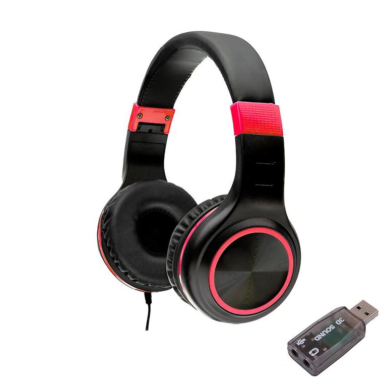 Casti spacer, cu fir, standard, utilizare multimedia, microfon pe fir, pliabile, banda ajustabila, conectare prin adaptor usb 2.0 sau jack 3.5 mm x 2, rosu&negru,  Casti audio | electropc.ro