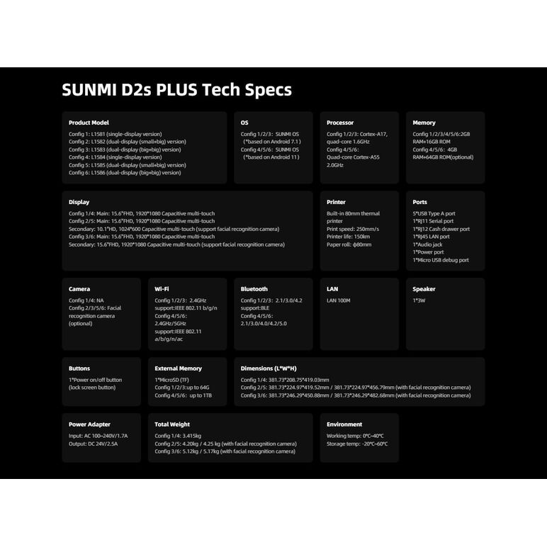 Sunmi desktop pos system l1586 d2s plus (15.6"+15.6", 2gb + 16gb, printer 80mm, wifi, adapter eu),  Terminale POS Dekstop | electropc.ro
