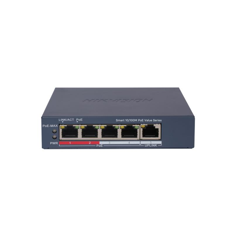 Switch poe hikvision ds-3e1105p-ei/m: 4 × 10/100 mbps poe port,1 × 10/100 mbps rj45 port, 4 porturi poe maxim 30w,  buget poe 45w, tensiune alimentara: 48 v dc, 1.04 a, dimensiuni: 105.0 mm × 27.6 mm × 83.1 mm, greutate: 0.220g, montare pe birou sau pe pe,  Switch-uri | electropc.ro