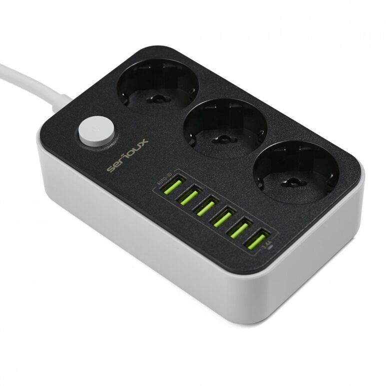 Prelungitor cu protectie serioux, 3 prize schuko, input 100-240v, 50- 60hz, output (total): 2500w - 10a, 6 porturi usb, usb output (total):3.4a, functie auto id, antistatic, buton power/off, lungime cablu 1.6m,negru, srxp-ps36b,  Prelungitoare | electropc.ro