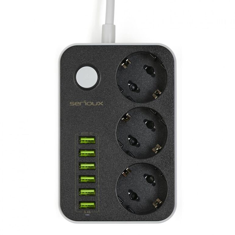 Prelungitor cu protectie serioux, 3 prize schuko, input 100-240v, 50- 60hz, output (total): 2500w - 10a, 6 porturi usb, usb output (total):3.4a, functie auto id, antistatic, buton power/off, lungime cablu 1.6m,negru, srxp-ps36b,  Prelungitoare | electropc.ro