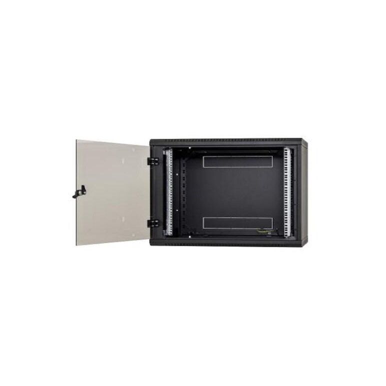 Rack de perete triton sectiune simpla 12u 500mm adancime usa sticla panouri laterale fixe sectiuni ventilatie activa, sectiuni acces cabluri sus/jos/spate securizare cu cheie, 1 pereche montanti reglabili ip30 negru,  Cabinete metalice | electropc.ro