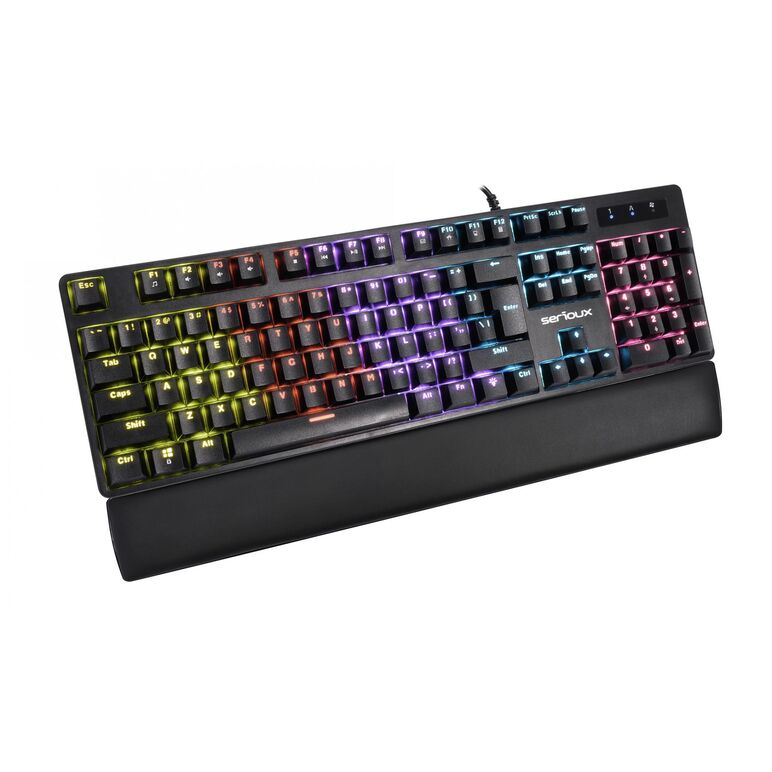 Tastatura gaming mecanica serioux valdis, switch outemu blue, pana la 50 milioane click-uri, 104 taste, 26 taste anti-ghosting , 9 moduri de iluminare rainbow, material: abs, layout us, palm rest de piele detasabil,  forta actionare: 60g ± 10g, plug and p,  Tastaturi | electropc.ro