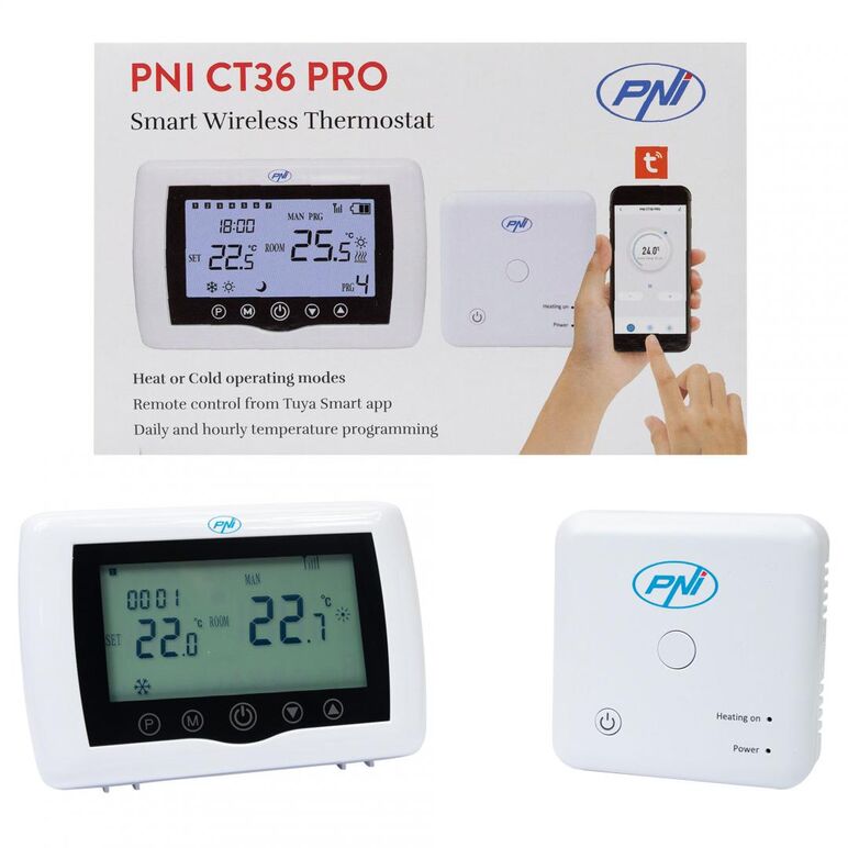 Termostat inteligent pni ct36 pro fara fir, wifi 2.4ghz, control prin internet app tuyasmart, regim iarna-vara, pentru centrale termice, montare: birou / perete, culoare alb, conectivitate: wireless la router internet: wifi 802.11b/g/n (2.4 ghz); wpa2 (tk,  Termostate ambientale | electropc.ro