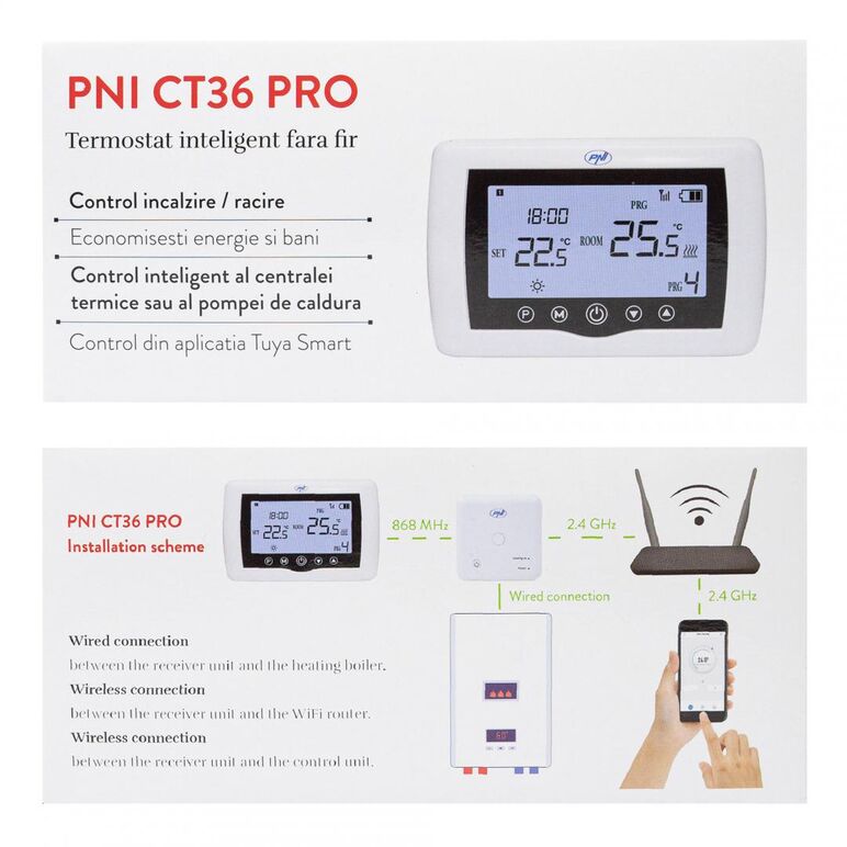 Termostat inteligent pni ct36 pro fara fir, wifi 2.4ghz, control prin internet app tuyasmart, regim iarna-vara, pentru centrale termice, montare: birou / perete, culoare alb, conectivitate: wireless la router internet: wifi 802.11b/g/n (2.4 ghz); wpa2 (tk,  Termostate ambientale | electropc.ro