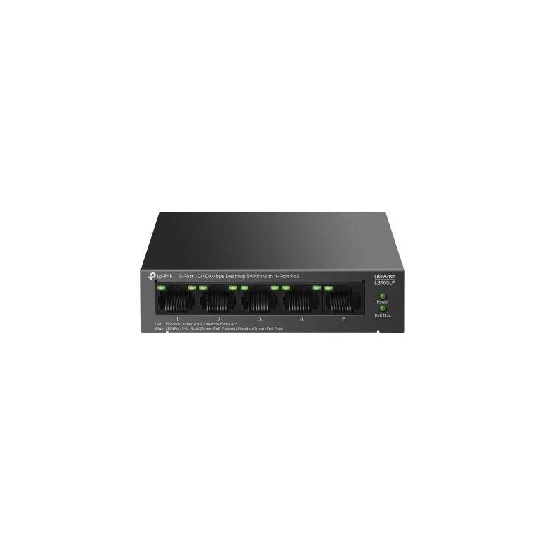 Tp-link ls105lp switch 5 porturi 10/100mbps, 4 porturi poe, buget poe: 41w, auto negotiation, auto mdi/mdix, fara ventilator, montaj perete, birou, poe porturi 1–4, pana la 15.4 w per canal, dimensiuni:100×98×25 mm, switching capacity: 1 gbps, packet forw,  Switch-uri | electropc.ro