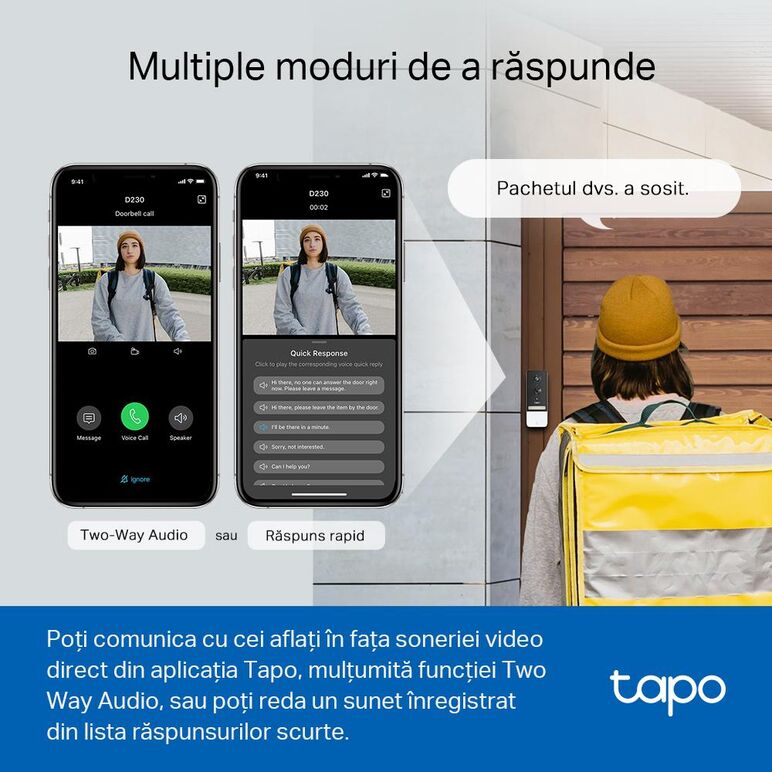 Tp-link sonerie video smart tapo d230s1, senzor: 1/2.7“, lentile f/no: 2.1, ir pana la 7m, rezistenta la ap: ip64, unghi vizualizare: 160° pe diagonală, rezolutie: 2k 5mp (2560 × 1920px), compresie video: h.264, microfon și difuzor încorporate, standarde ,  Video | electropc.ro