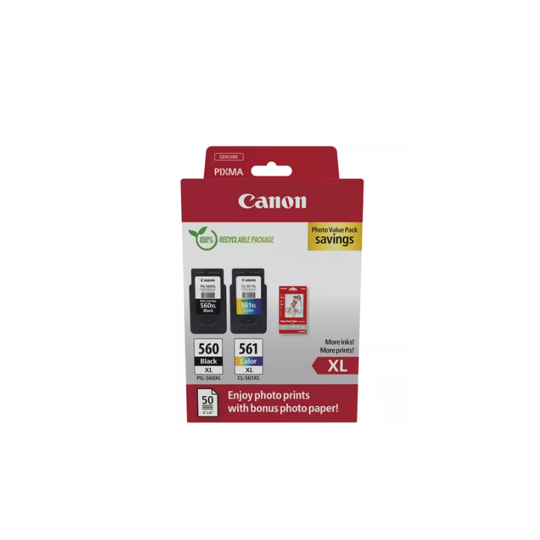 Canon pachet cartuse cearneala canon pg-560xl/cl-561xl photo value pack, capacitate negru: 400 pagini/16ml, color: 300 pagini / 12.2ml, compatibil cu: pixma ts5253, pixma ts5350, pixma ts5351, pixma ts5352, bonus 50 coli hartie foto 10 x 15cm.,  Cartuse cerneala | electropc.ro