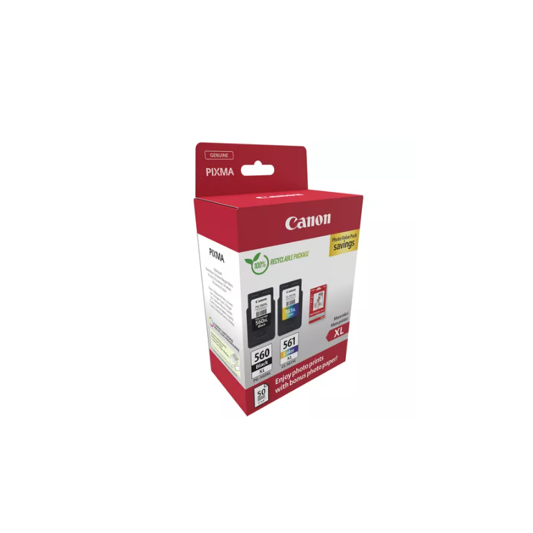 Canon pachet cartuse cearneala canon pg-560xl/cl-561xl photo value pack, capacitate negru: 400 pagini/16ml, color: 300 pagini / 12.2ml, compatibil cu: pixma ts5253, pixma ts5350, pixma ts5351, pixma ts5352, bonus 50 coli hartie foto 10 x 15cm.,  Cartuse cerneala | electropc.ro