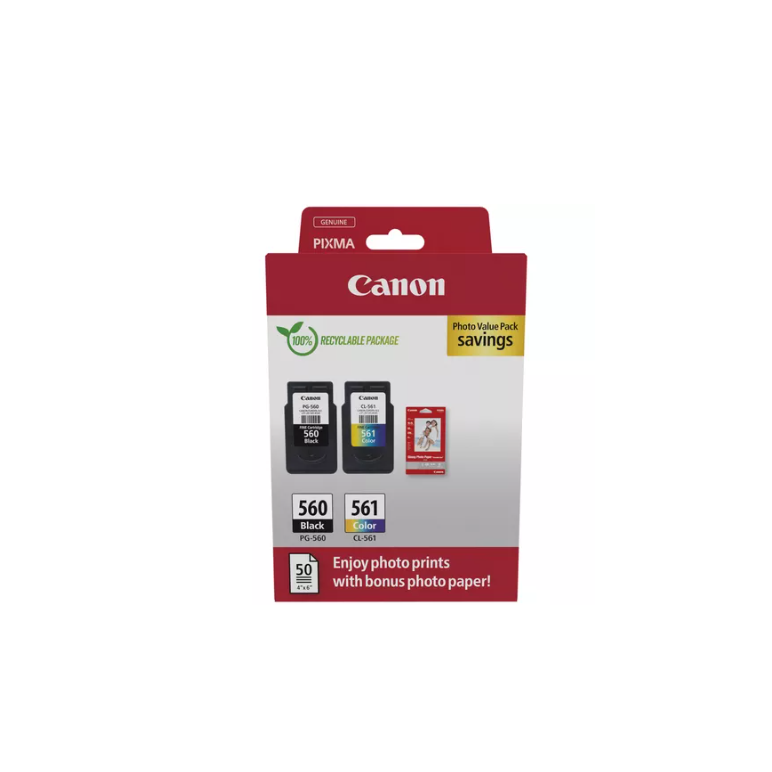 Canon pachet cartuse cearneala pg-560/cl561 photo value pack, capacitate negru: 180 pagini/8.3ml, color: 180 pagini / 7.5ml, compatibil cu: pixma ts5253, pixma ts5350, pixma ts5351, pixma ts5352, bonus 50 coli hartie foto 10 x 15cm.,  Cartuse cerneala | electropc.ro