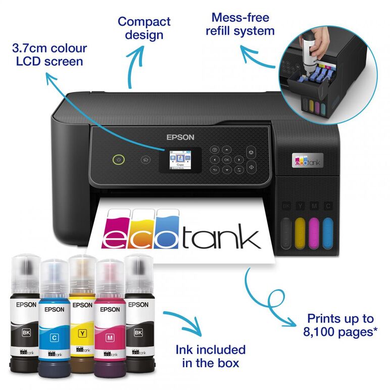 Multifunctional inkjet color epson ecotank ciss l3280, dimensiune a4 (printare,copiere, scanare), printare borderless, viteza 33ppm alb- negru, 15ppm color, rezolutie 5760x1440 dpi, alimentare hartie 100 coli, scanner cis rezolutie 1.200  x 2.400 dpi, int,  Multifunctionale Inkjet | electropc.ro