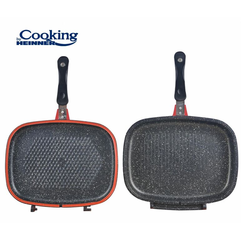 Tigaie dubla dreptunghiulara tip grill, aluminiu, 32x24x7.5 cm, easy cook red line, cooking by heinner,  Tigai si seturi | electropc.ro