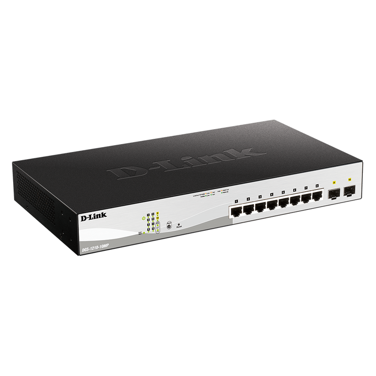 D-link switch 10 porturi poe smart maaged dgs-1210-10mp, interfata: 8 x 10/100/1000mbps, 2 x100/1000 sfp, capacitate switch: 20 gbps, memorie: 128mb ddr3, flash 32mb, auto mdi/mdix, buget poe: 130w, dimensiuni: 330 x 180 x 44 mm, greutate: 1.77kg.,  Switch-uri | electropc.ro