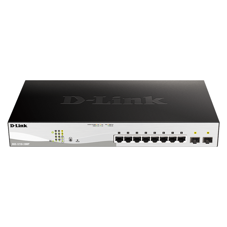 D-link switch 10 porturi poe smart maaged dgs-1210-10mp, interfata: 8 x 10/100/1000mbps, 2 x100/1000 sfp, capacitate switch: 20 gbps, memorie: 128mb ddr3, flash 32mb, auto mdi/mdix, buget poe: 130w, dimensiuni: 330 x 180 x 44 mm, greutate: 1.77kg.,  Switch-uri | electropc.ro