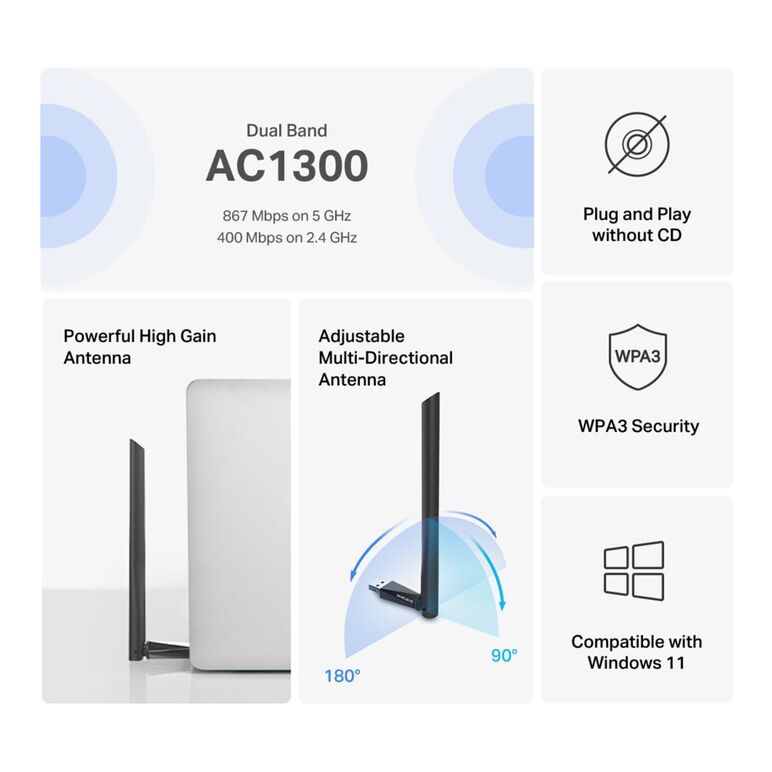Mercusys adaptor usb dual band high gain ac1300, standarde wireless: ieee 802.11 a/n/ac 5 ghz, ieee 802.11 b/g/n 2.4 gh, rata semnal:  5 ghz 867 mbps, 2.4 ghz 400 mbps, interfata: usb 2.0,  1 antenă externă high gain 5dbi.,  Access point & Range Ext. | electropc.ro
