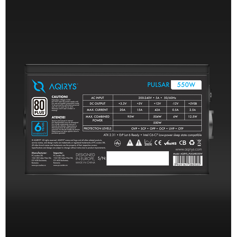 Sursa aqirys pulsar 550w 80+ white certified, culoare neagra,  Surse PC | electropc.ro